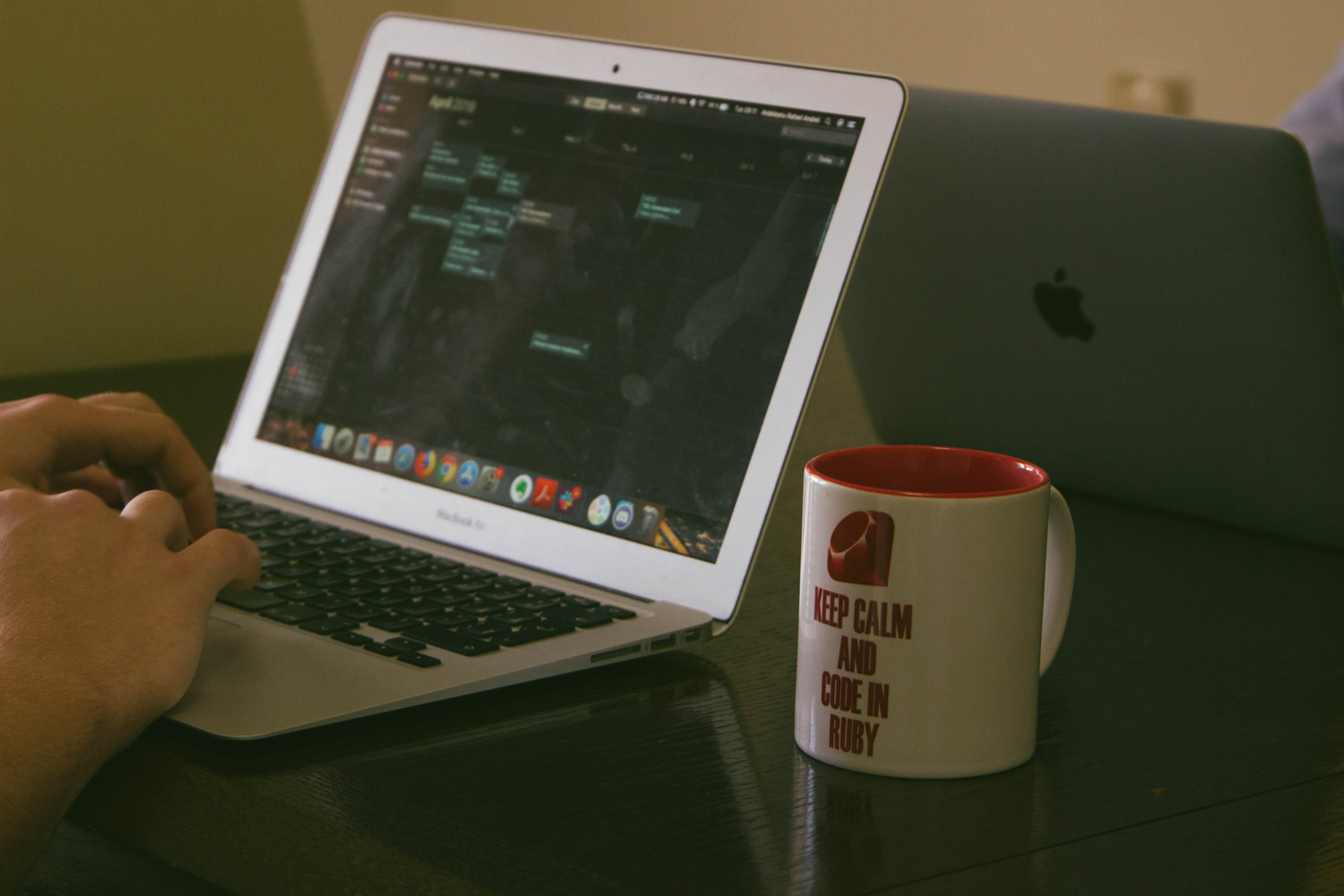 keep calm and code in ruby mug and laptop
